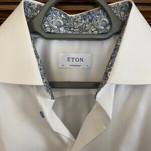 Eton white cotton shirt with blue paisley collar and cuffs and blue buttons.